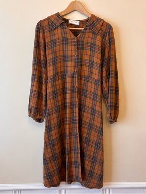 Olive Plaid Button-Front Midi Dress in Rust brown Women's Size M Fall Autumn